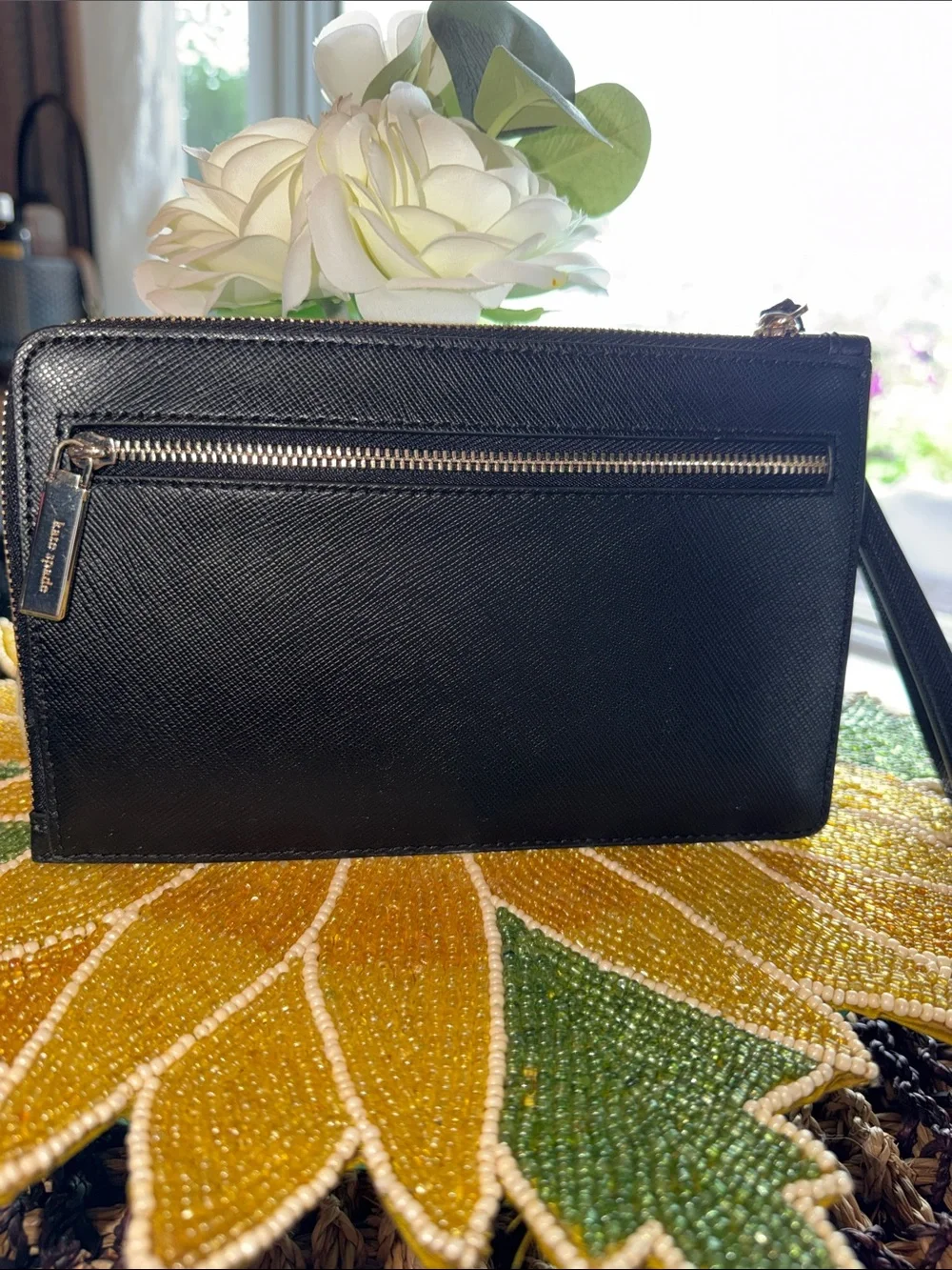 kate spade Black Saffiano Leather Wristlet Clutch with Gold Logo